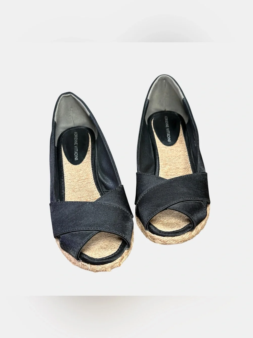 Adrienne Vittadini AV Bailey Black Satin Espadrille Wedge Peep Toe Women’s 8.5